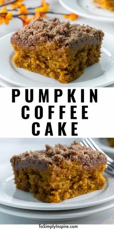 pumpkin coffee cake on white plates with text overlay