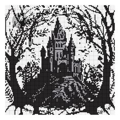 a black and white image of a castle in the woods