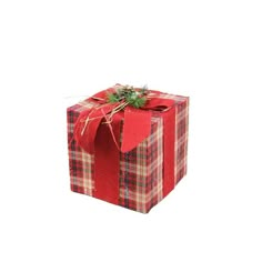 a red and green plaid wrapped present box