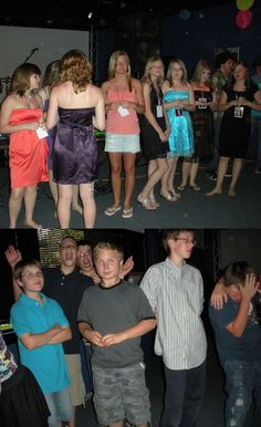 two pictures side by side with people dancing and one has his arms around the other