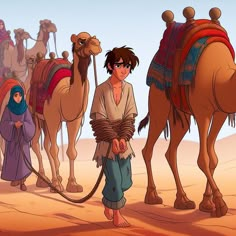 a man standing next to a camel in the middle of a desert with other people