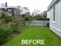 before and after pictures of a back yard with lawn mowed in the foreground