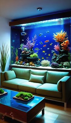 a living room filled with furniture and an aquarium