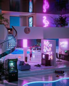 a living room filled with furniture next to a swimming pool and neon signs on the walls