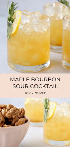 two glasses filled with lemonade and rosemary garnish next to a bowl of candies