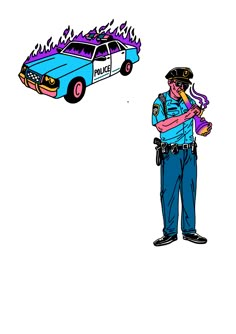 a police officer standing next to a blue car with flames on it's hood