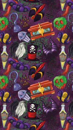 an image of halloween items on a purple background with skulls and other things in the background