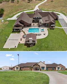 this is an aerial view of a large house with a swimming pool in the middle