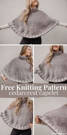 a woman wearing a gray knitted capelet with the text free knitting pattern cedarcrest capelet