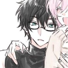 an anime character with pink hair and glasses is holding his hand up to his face