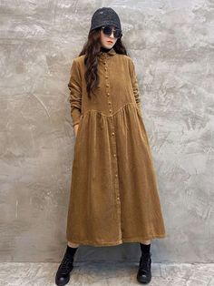 Original Solid Corduroy Lapel Dress GINGER-FREE SIZE Winter Dresses Plus Size Casual, Ladies Dresses Casual Winter, A Line Long Dress Casual Winter, Casual Maxi Dress With Sleeves Winter, Cheap Playful Winter Dresses, Winter Casual Maternity Dresses, Corduroy Tunic Dress Pattern, Cheap Solid Color Winter Dresses, Womens Suede Dress