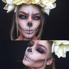 Smoked out skull makeup. Are you looking for easy pretty Halloween makeup ideas for women to look the best at the Halloween party? See our photo collage to pick the one that fits the Halloween costume. Nem Halloween Makeup, Sugar Skull Halloween Makeup, Skull Halloween Makeup, Halloween Makeup Sugar Skull, Sugar Skull Halloween