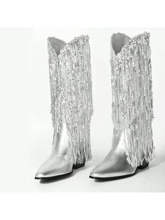 Fit & Features: (approx. measured from a US size 6)– Vegan Leather Upper– Square Pointed Toe– Low-stacked Chunky Heel– 12.6" Shaft Height– 3" Heel Height– 15.35" Circumference– Side zipper closure.
Iridescent Sequined Fringe: Cascading sequined fringe is the major sparkle of these cowboy boots, which make you complimented and the spotlight at any occasion! You'll want to wear them every time a glamorous event rolls around.
All-over Metallic Sheen: Stunning all-over metallic shine, your perfect s Dressy Cowgirl Boots, Silver Sequin Dress With Cowboy Boots, Western Party Boots With Rhinestones, Trendy Party Boots With Fringe, Elegant Fringe Party Boots, Elegant Silver Boots With Rhinestone Fringe, Silver Sparkly Cowgirl Boots, Boots And Bling Party Outfit, Boots And Bling Party Theme