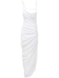 Adjustable spaghetti straps. Concealed side zip closure. Unlined Jacquemus Dress, Ruched Maxi Dress, Draped Skirt, Designer Drapes, Maxi Dress Cocktail, White Maxi, Draped Dress, Long Style, Shearling Jacket