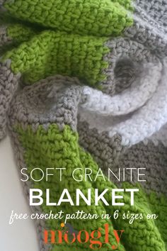 a crocheted scarf with the text soft granite blanket free crochet pattern in 6 sizes on it