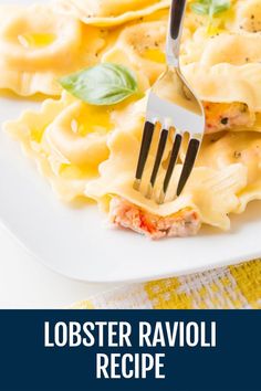 lobster ravioli recipe on a white plate with a fork in it and text overlay that reads lobster ravioli recipe