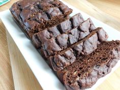 slices of chocolate banana bread on a white plate