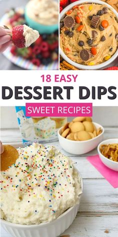 sweet dessert dips with different toppings in bowls and on plates, including strawberries