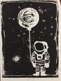 an astronaut holding a balloon with stars in the sky behind it on a piece of paper