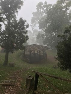 a gazebo surrounded by trees in the fog