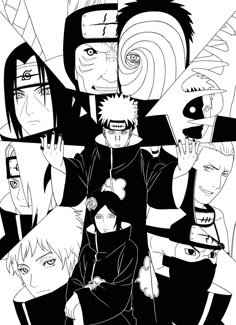 black and white drawing of characters from the anime naruto, with their faces drawn in