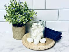 two potted plants sitting next to each other on a wooden tray with cotton balls in it