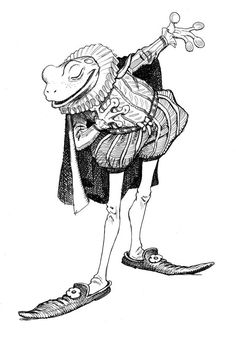 a drawing of a frog dressed in clothes and shoes