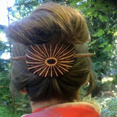 Far reaching vibrant solar rays make for one far out hair accessory! We're happy to craft the barrettes in other colors so shoot us a message if interested :)    *Made from Full-Grain American Leather.    * Secure in hair with durable wooden barrette stick (extra stick included with order).    * Large Barrette measures 2’’ high by 3'’ wide from inside of holes (ideal for thick medium/long hairstyles).    *Handcrafted in the heart of Pike Place Market, Seattle, WA, USA. Hair Slides With Stick, Medium Long Hairstyles, Homestead Crafts, Large Barrette, Natural Brown Hair, Pike Place Market Seattle, Leather Hair Accessories, Hair Accessories Bun, Hippie Hair