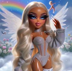 a barbie doll with long blonde hair and blue eyes holding a rainbow in her hand