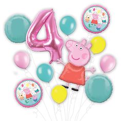 PRICES MAY VARY. Complete set of coordinating balloons! This balloon bouquet includes (1) 31” Peppa-shaped foil, (2) 17” round printed foil, (2) 17” round turquoise foil, (2) 12” pink latex, (2) 12” turquoise latex, (2) 12" yellow latex, and (1) 34” blue foil number of your choice! Ribbon and balloon weights are NOT included. Customize your balloon bouquet! This listing allows you to choose what number is included in the bouquet to help make the day extra special for the birthday boy or girl! Ea Peppa Pig 2nd Birthday Party, Peppa Pig 2nd Birthday, Peppa Pig Happy Birthday, Peppa Pig Balloons, Pig Balloon, Happy Birthday Bouquet, Kids Party Balloons, Peppa Pig Party, 2nd Birthday Party