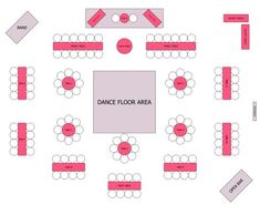 the floor plan for an event with tables and chairs in pink, white and grey colors