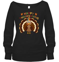 a women's black thanksgiving sweatshirt with an image of a turkey wearing a happy thanksgiving hat