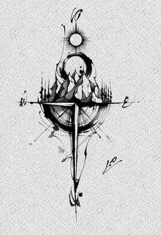 a black and white drawing of a compass