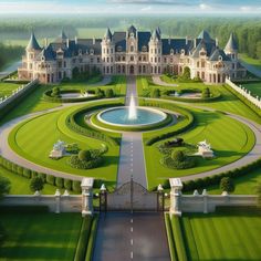 an aerial view of a large mansion with a fountain in the middle and lots of greenery around it