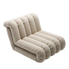 the reclining chair is made out of fabric and has four pillows on top of it