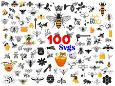 bees and honeycombs with the words 100 svg's written in red