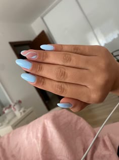 Light Blue Nail Inspo Almond Simple, Light Blue Nail Ideas Art Designs, Pale Blue Nails With Design, Baby Blue Nails Almond, Sky Blue Nails Design, Gender Reveal Nails Ideas Simple, Baby Blue And White Nails, Mama Mia Nails, Prom Nails Blue