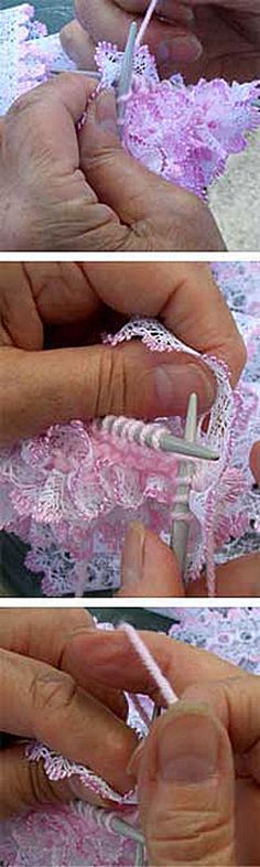 two pictures showing how to crochet lace