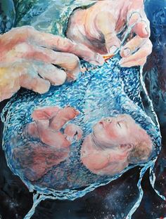 a painting of two hands holding a baby's head