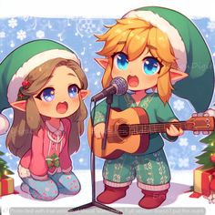 two cartoon characters are playing guitar and singing into a microphone in front of a christmas tree