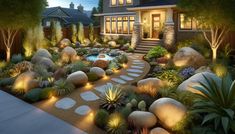 a garden with rocks and plants in front of a house at night, lit up by lights