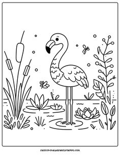 a flamingo standing in the water surrounded by plants and flowers, with a butterfly flying above