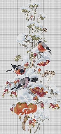 cross stitch pattern with birds and flowers in the snow