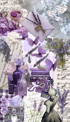 an altered collage with purple and white flowers, lavenders, letters, and other items