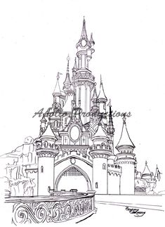 a drawing of a castle with turrets