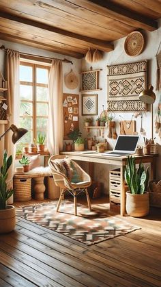 a room filled with lots of potted plants next to a laptop computer on top of a desk