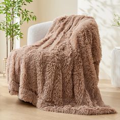 a chair with a blanket on top of it next to a potted plant in a living room