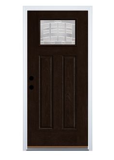 Engineered to last longer, Therma-Tru fiberglass doors resist dents, rust and rot. Fiber-Classic Mahogany complements the rich wood tones in home interiors, extending the classic look to the outside with beauty and elegance. Emerson glass with zinc caming features triple-pane construction and tempered glass, Lowe's Exclusive. Featuring our Dark Elm stain, backed by a 5-year limited finish warranty; Lowe's Exclusive. Composite door frame helps protect your door from moisture and rot. Ball-bearing Single Front Door, Steel Front Door, Craftsman Door, Therma Tru, Exterior Front Doors, Fiberglass Door, House Front Door, Storm Door, Entry Door