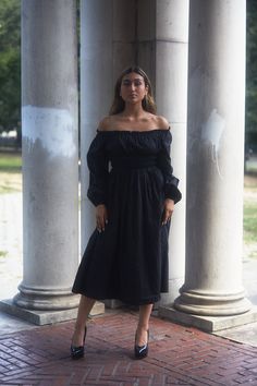 Elegant Black Maxi Dress With Gathered Waist, Black Maxi Dress With Gathered Waist, Black Midi Dress With Elastic Sleeves For Fall, Chic Billowy Smocked Dress, Black Midi Dress With Fitted Waist, Black Midi Dresses With Elastic Sleeves, Elegant Black Maxi Dress With Smocked Bodice, Black Dresses With Elastic Sleeves For Fall, Black Ruched Billowy Dress