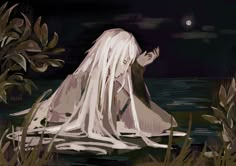 a woman with long white hair sitting in the water at night, holding her hand up to her face